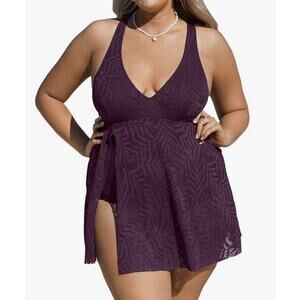 Cupshe Blackberry Wine One Piece Swimsuit Crossback Skirt Split NWT 0X Plus Size